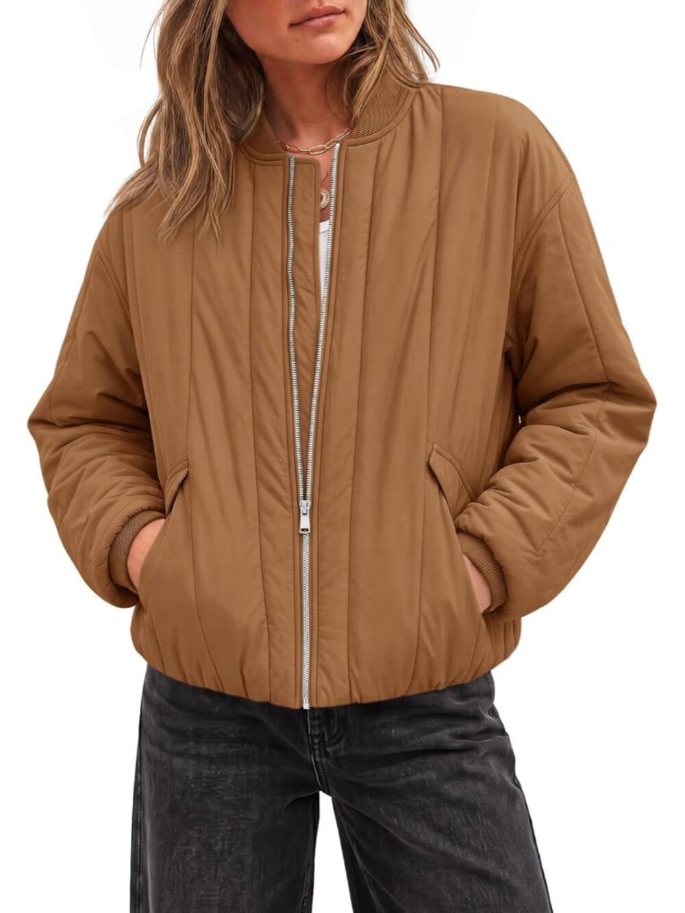 Womens Brown Band Collar Long Sleeve Zip Up Long Sleeve Baggy Fit Bomber Jacket
